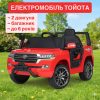 Дитячий електромобіль Toyota Land Cruiser з ручкою+коліщатками для транспортування та рухливим капотом, червоний