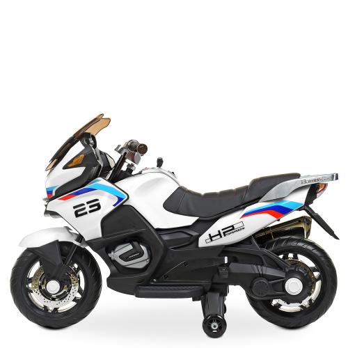 Дитячий електромотоцикл Bambi Sport Series 23 (MP3) з допоміжними колесами, білий