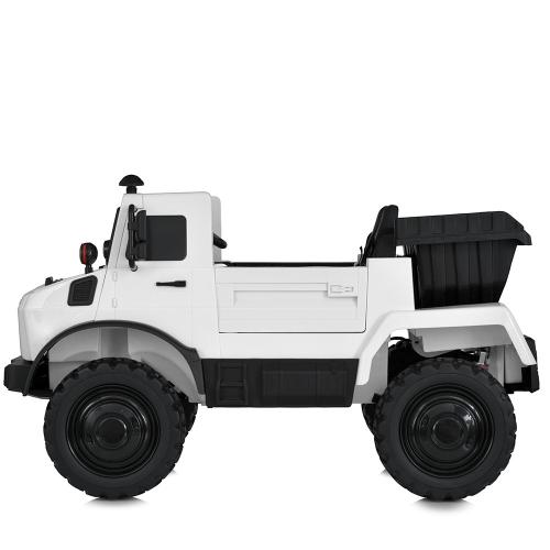Дитячий двомісний електротранспорт Вантажівка Mercedes Unimog (MP3) з кузовом, до 60 кг, до 15 км, білий