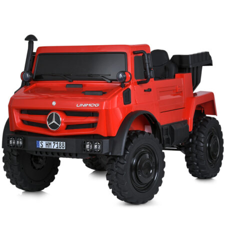 Дитячий двомісний електротранспорт Bambi Вантажівка Mercedes Unimog (MP3) з кузовом, до 60 кг, до 15 км, червоний