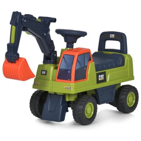 Дитячий толокар Bambi CAT Excavator з ковшем, ручкою для транспортування та багажником, зелений