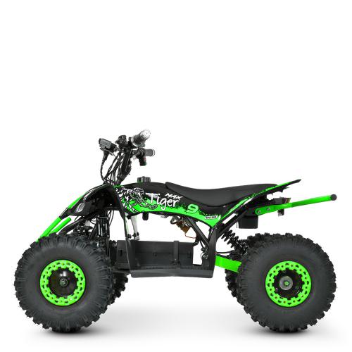 Напівпрофесійний електроквадроцикл Bambi для дітей та підлітків Profi 350W Tiger-9 з ручкою для транспортування, до 65 кг, до 30 км/год, чорно-зелений