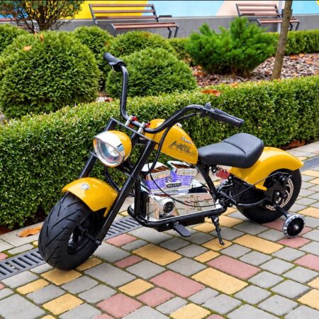 Дитячий двомісний електромотоцикл Bambi Harley-Davidson з підсвіткою та підніжкою (MP3), до 80 кг, до 20 км, жовтий