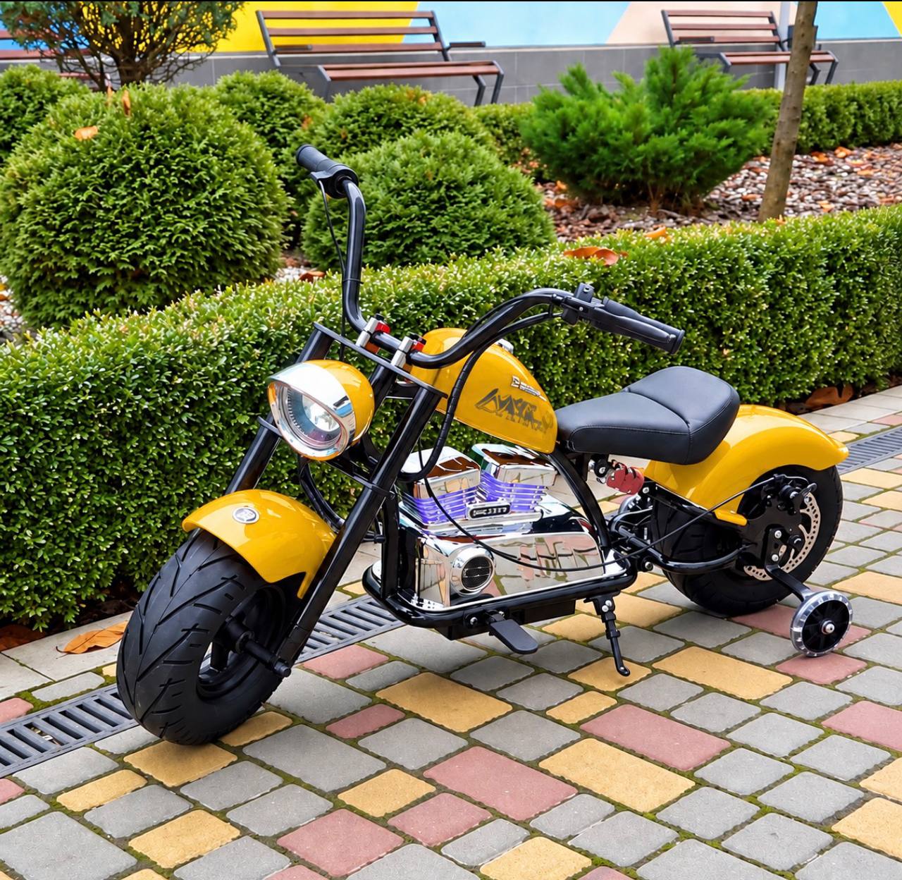 Дитячий двомісний електромотоцикл Bambi Harley-Davidson з підсвіткою та підніжкою (MP3), до 80 кг, до 20 км, жовтий