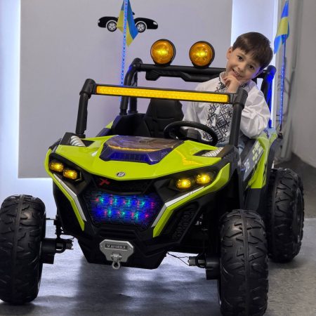 Дитячий двомісний повнопривідний електромобіль Bambi Buggy HardcoreX 06 UA з флагштоками, до 50 кг, зелений
