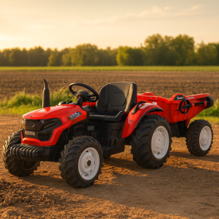 Дитячий електромобіль Bambi TRACTOR SCOUT TC-1804C (MP3) з причепом та механічним самоскидом, червоний