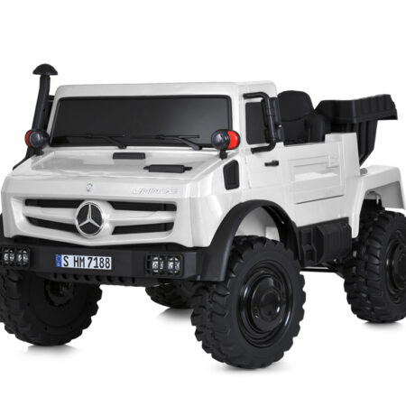 Дитячий двомісний електротранспорт Вантажівка Mercedes Unimog (MP3) з кузовом, до 60 кг, до 15 км, білий