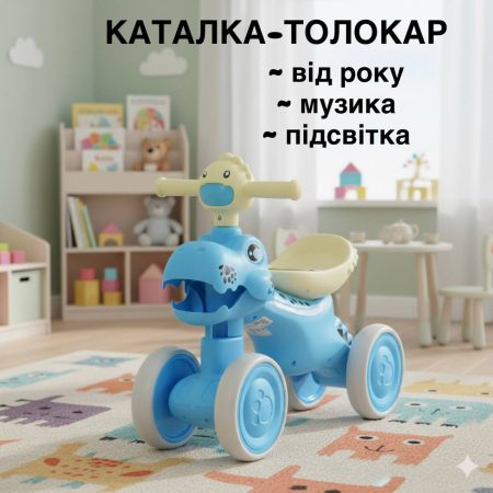 Детский толокар-беговел Bambi Pokemon Dino с подвижной челюстью и подсветкой, голубой