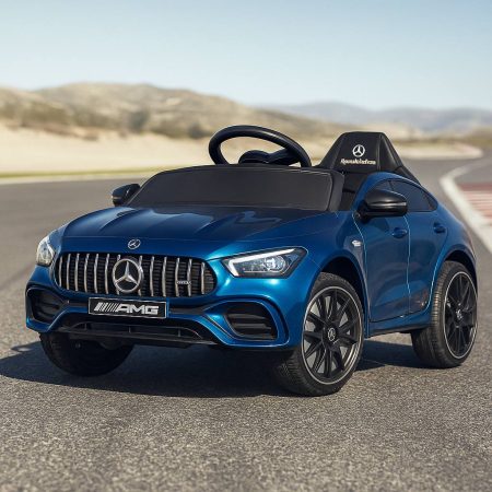 Детский полноприводный электромобиль Mercedes CLA 45 AMG (MP3) с дополнительными колесиками то автопокраской, синий