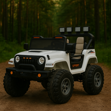 Дитячий електромобіль Bambi Racer Jeep з навісними фонарями та великими колесами на пульті керування, білий