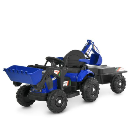 Дитячий електромобіль Bambi Tractor SUPER POWER MAX (MP3) з двома механічними ковшами та причепом, синій