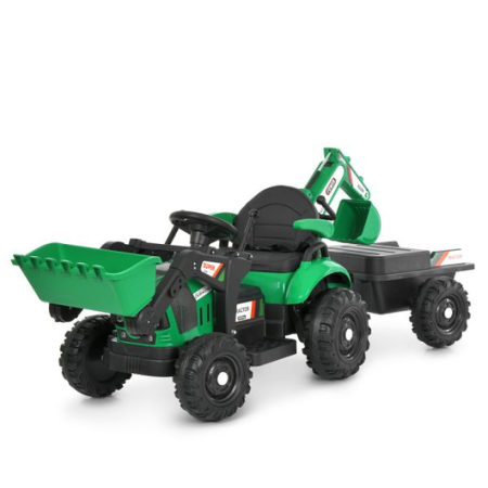 Дитячий електромобіль Bambi Tractor SUPER POWER MAX (MP3) з двома механічними ковшами та причепом, зелений